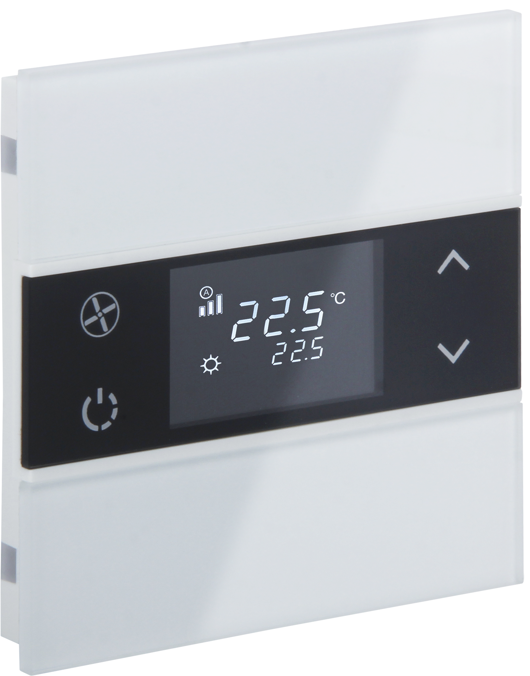 Rosa-Glass-Thermostat_MG_0797 ROSA KNX Glastaster mit Temperatur und 2 Tasten in weiß