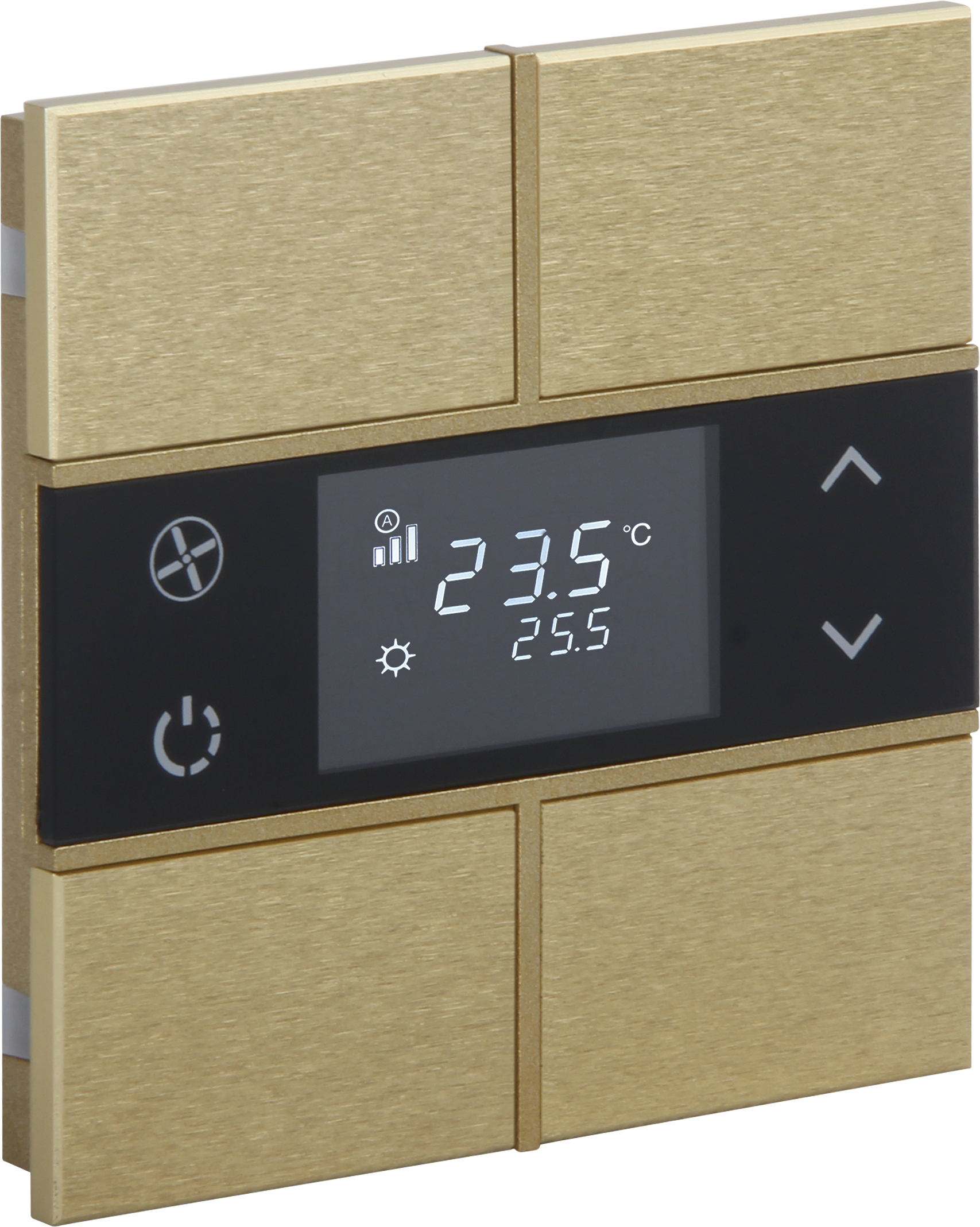 Rosa-Thermostat-Gold_MG_0887 ORIA KNX Metalltaster mit Temperatursensor in Gold · 4 Zusatztasten