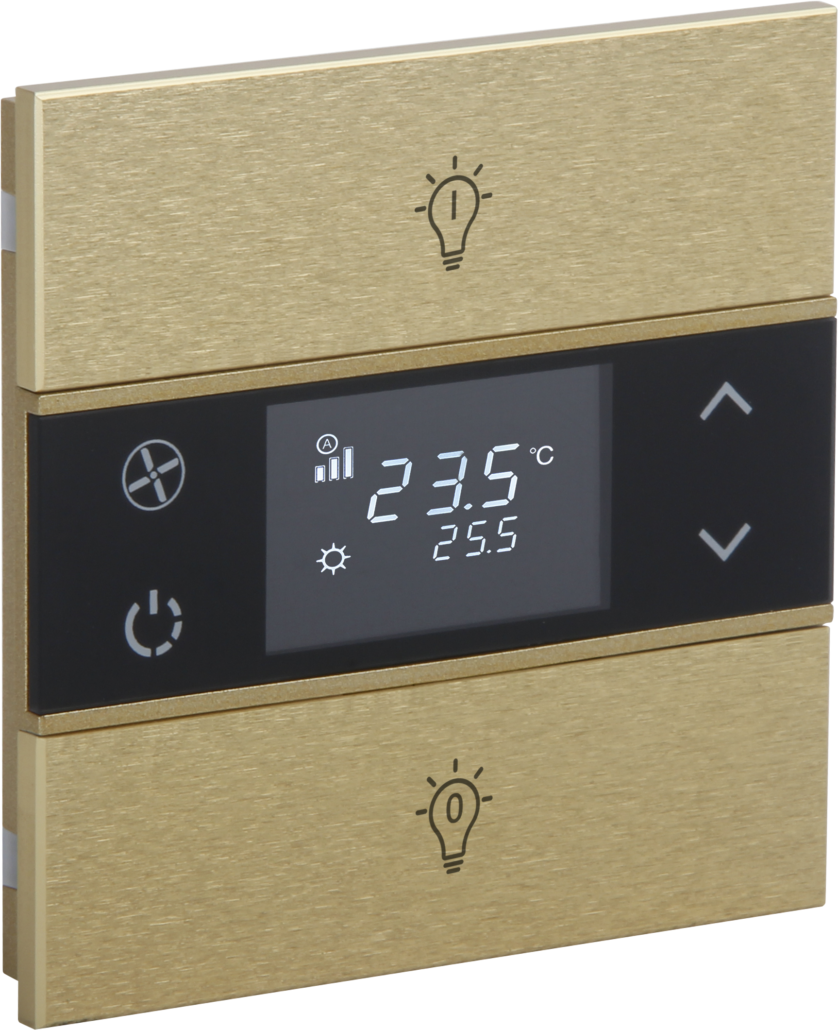 Rosa-Thermostat-Gold_MG_0889-ikonlu ORIA KNX Metalltaster mit Temperatursensor in Gold · 2 Zusatztasten und Gravur