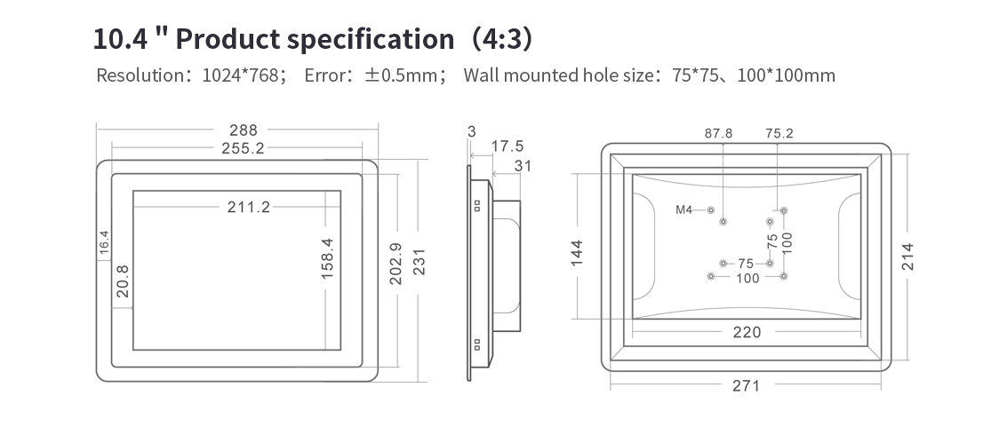 Masse-10-4-22-ANDROID-6-Wandeinbau-Touchpanel Einbaumaße 10.4" ANDROID 6 Wandeinbau Touchpanel10,4" WINDOWS Wandeinbau Touchpanel schwarz
