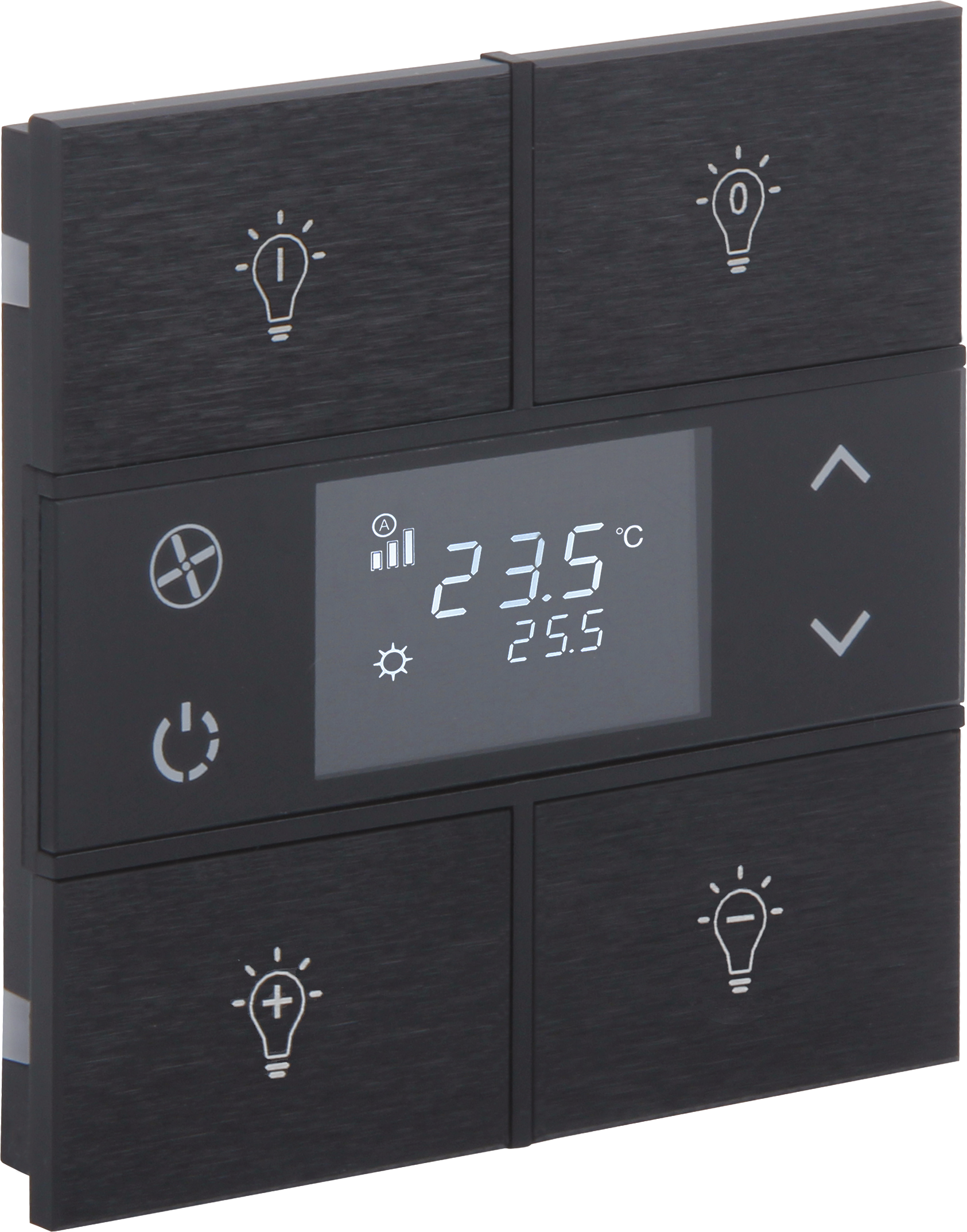 Rosa-Switch-Black_MG_0847-ikonlu ORIA KNX Metalltaster mit Temperatursensor in anthrazit · 4 Zusatztasten und Gravur