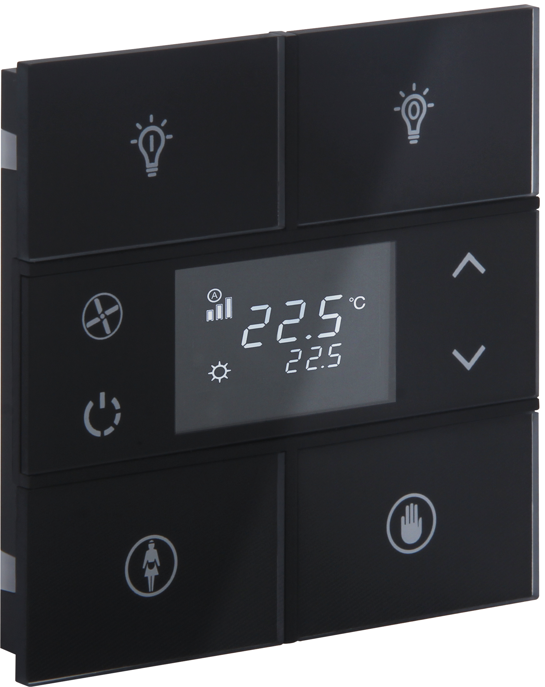 Rosa-Glass-Thermostat_MG_0809-ikonlu ROSA KNX Glastaster mit Temperaturfühler und 4 Tasten in schwarz mit Gravur