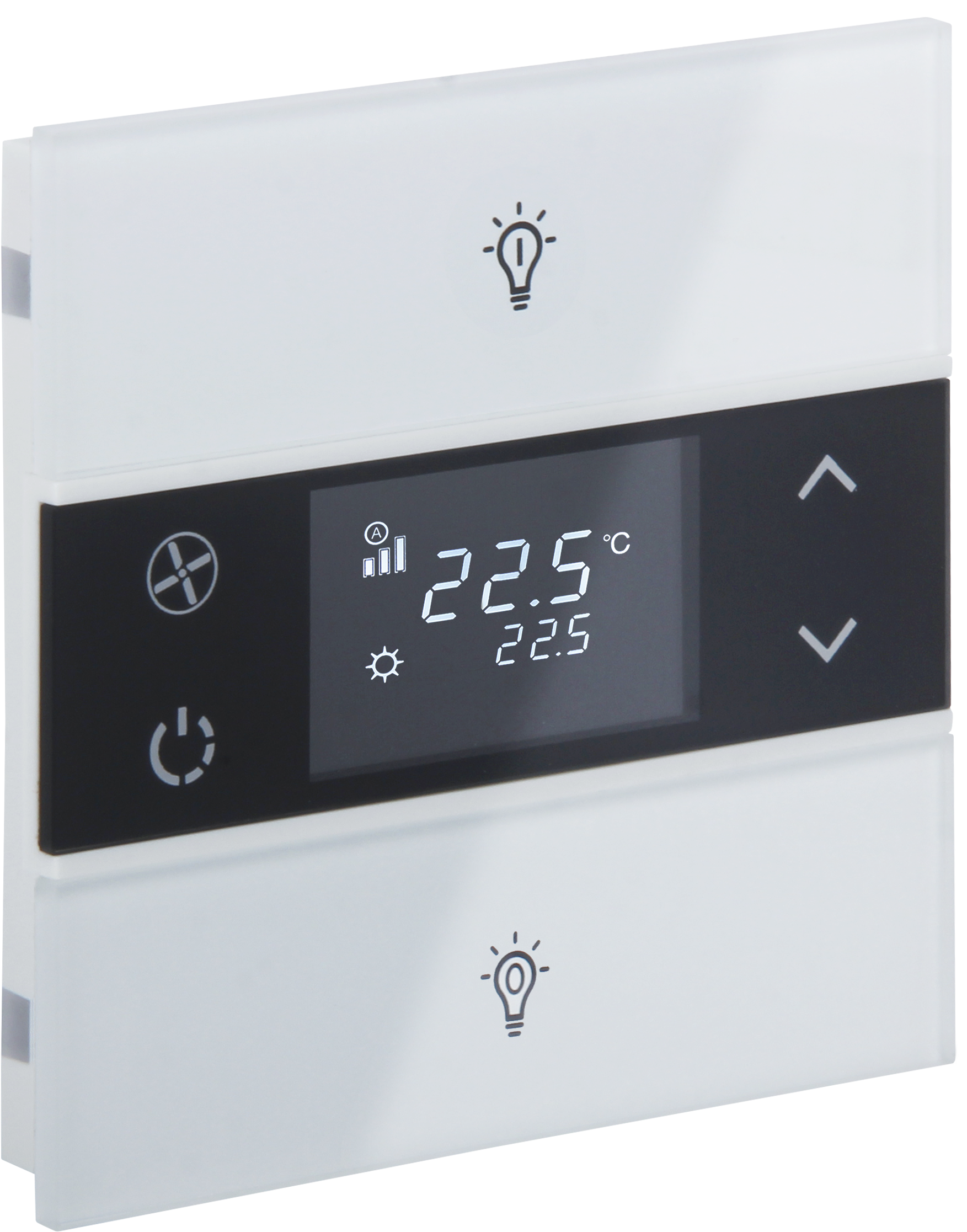 Rosa-Glass-Thermostat_MG_0797-ikonlu ROSA KNX Glastaster mit Temperatur und 2 Tasten in weiß und mit Gravur