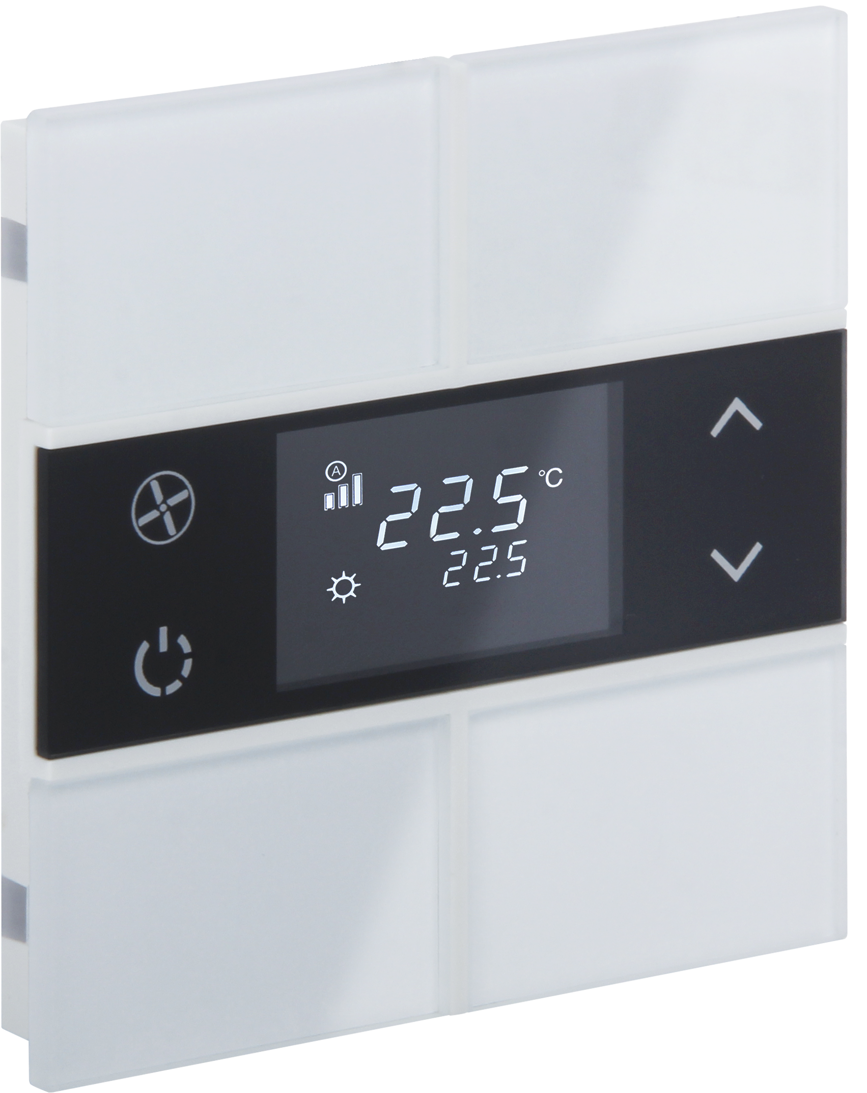 Rosa-Glass-Thermostat_MG_0798 ROSA KNX Glastaster mit Temperatur und 4 Tasten in weiß