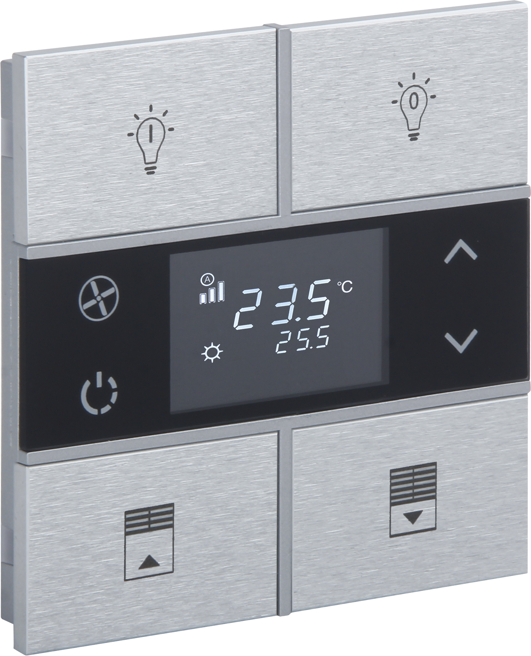 Rosa-Thermostat-Natural_MG_0861-ikonlu KNX Metalltaster Temperatur ROSA Aluminium Natur 4 Tasten und Gravur