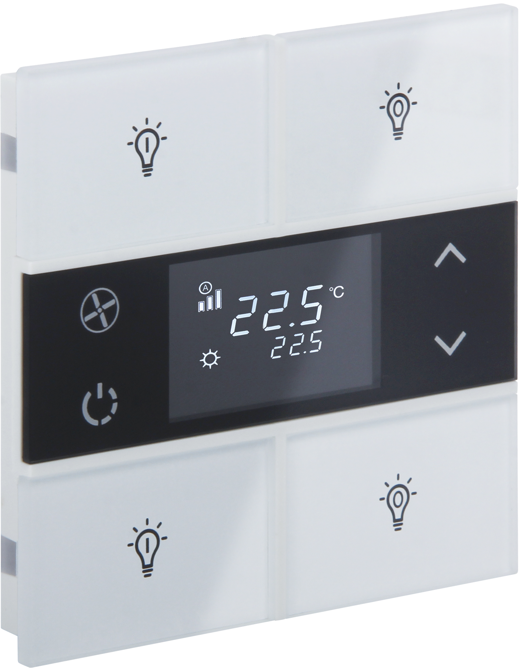 Rosa-Glass-Thermostat_MG_0798-ikonlu ROSA KNX Glastaster mit Temperatur und 4 Tasten in weiß und mit Gravur