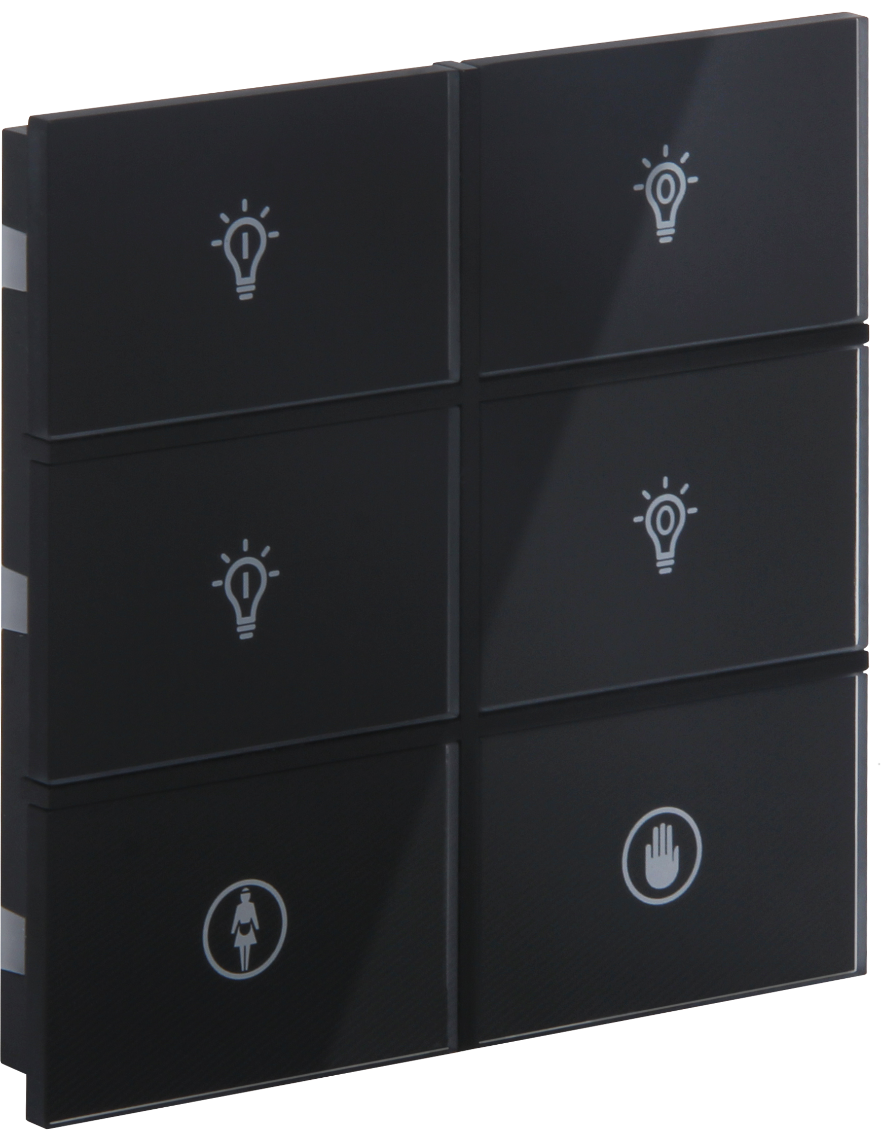 Rosa-Glass-Thermostat_MG_0812-ikonlu ROSA KNX Glastaster schwarz, Status LED, 6 Tasten und Gravur