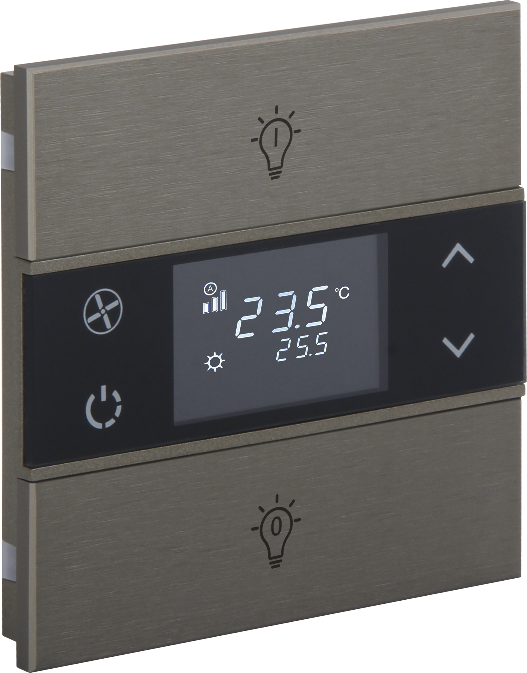 Rosa-Thermostat-Bronze_MG_0875-ikonlu ORIA KNX Metalltaster mit Temperatursensor in Bronze · 2 Zusatztasten und Gravur