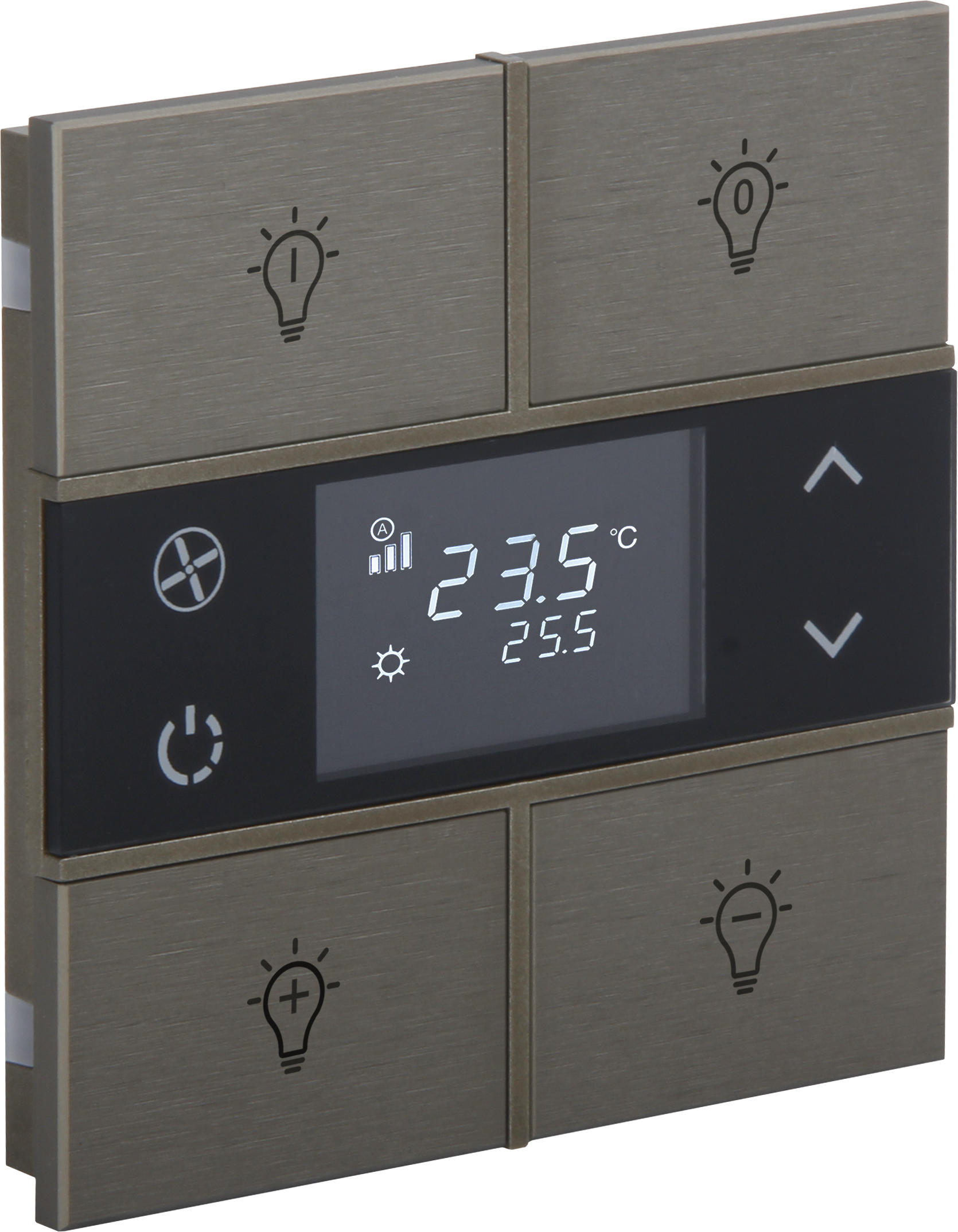 Rosa-Thermostat-Bronze_MG_0873-ikonlu ORIA KNX Metalltaster mit Temperatursensor in Bronze · 4 Zusatztasten und Gravur