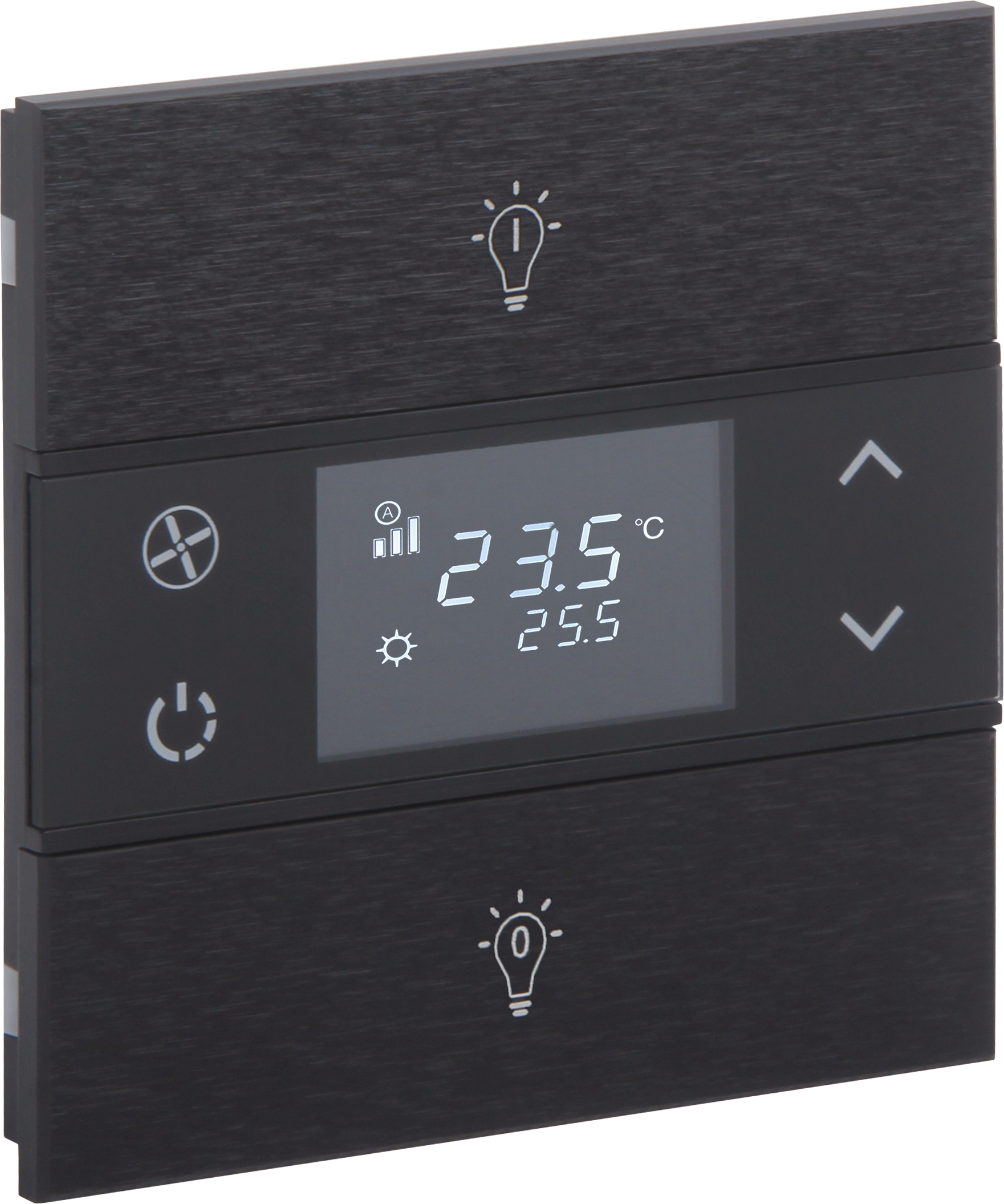 Rosa-Switch-Black_MG_0850-ikonlu ORIA KNX Metalltaster mit Temperatursensor in anthrazit · 2 Zusatztasten und Gravur