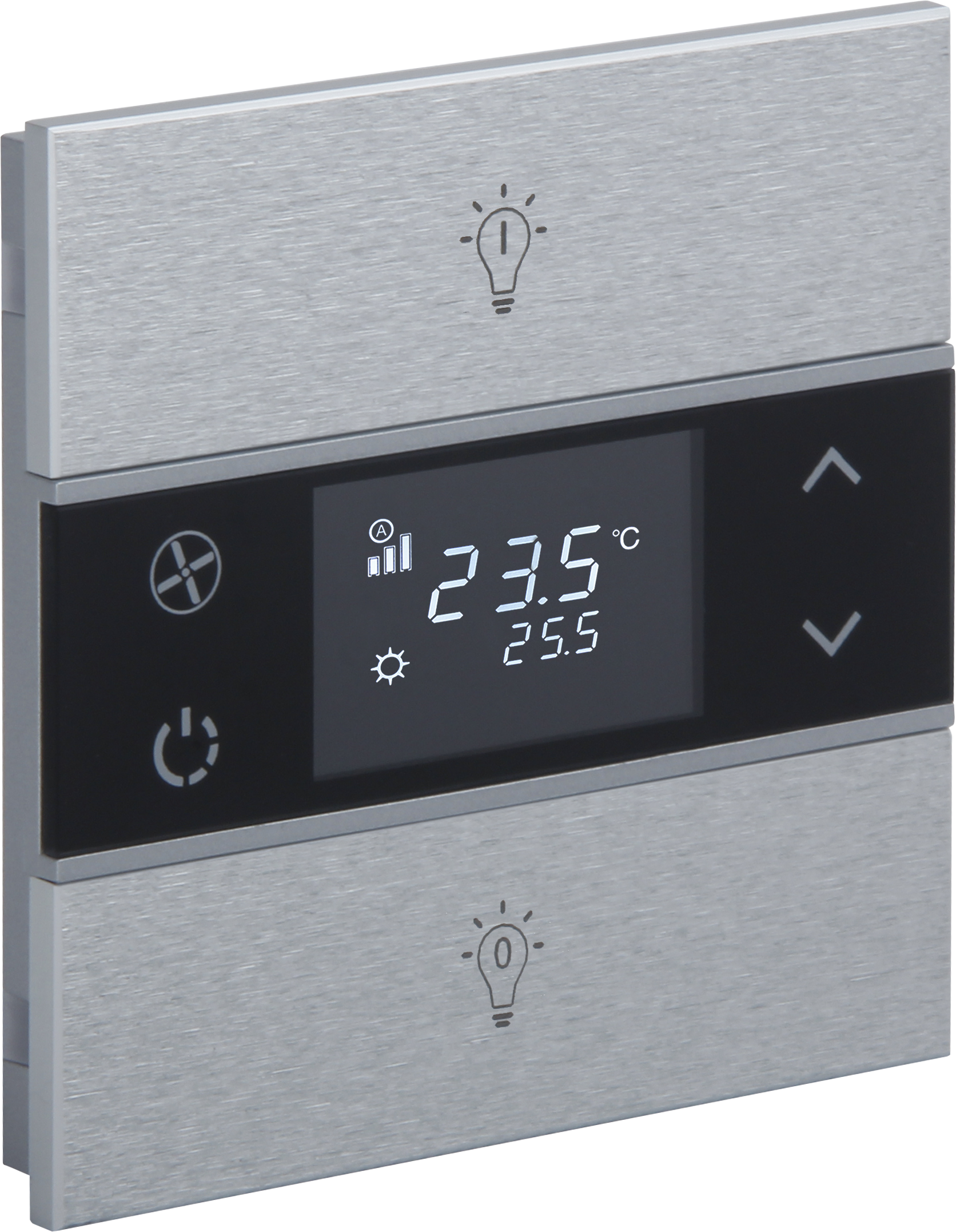 Rosa-Thermostat-Natural_MG_0863-ikonlu KNX Metalltaster Temperatur ROSA Aluminium Natur 2 Tasten mit Gravur