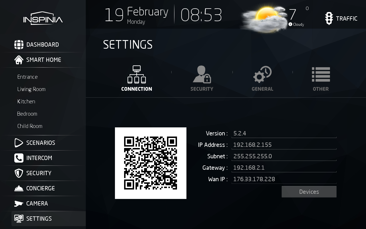 Settings_connection Touch Panel: Ansicht Einstellungen