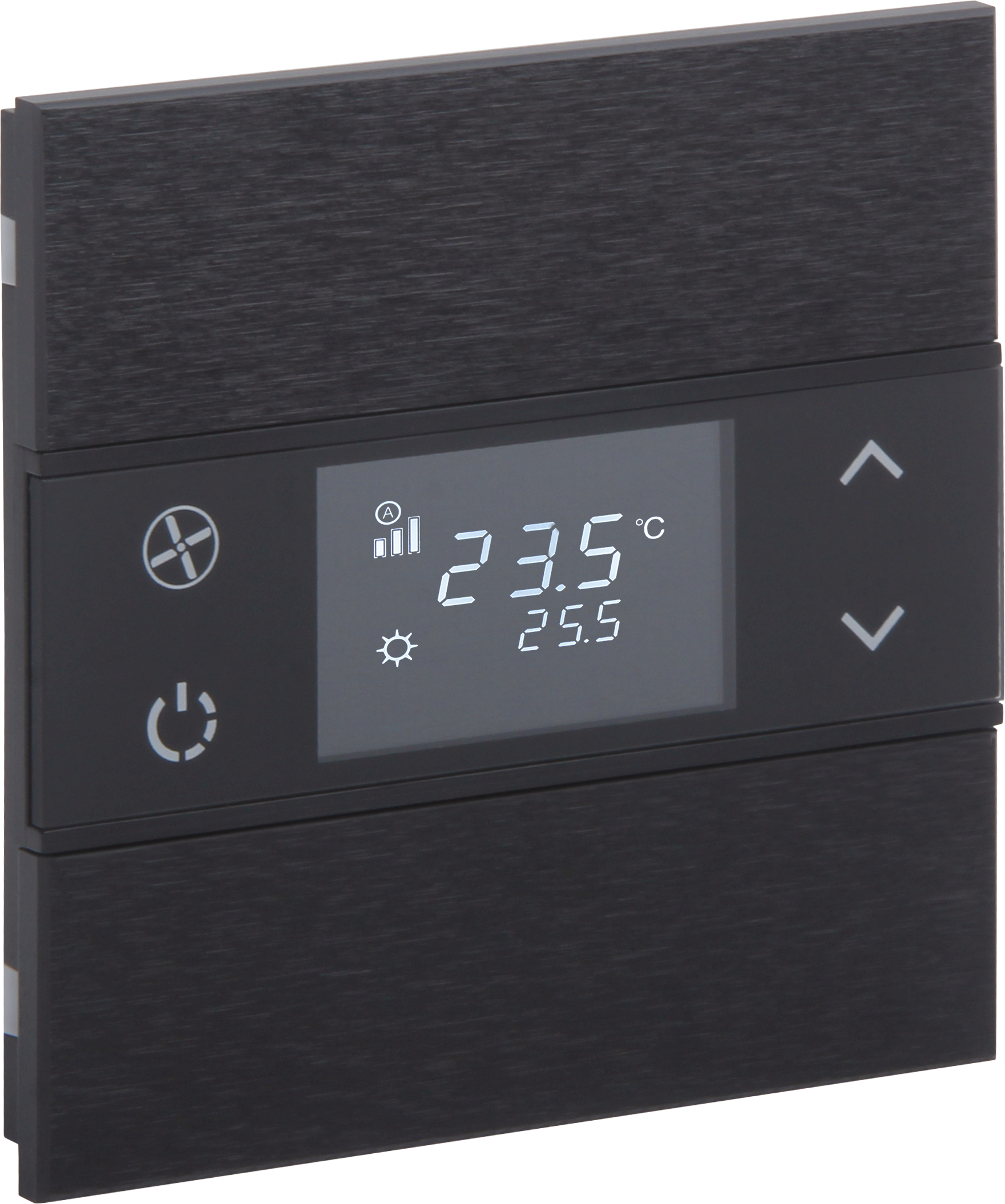 Rosa-Switch-Black_MG_0850 ORIA KNX Metalltaster mit Temperatursensor in anthrazit · 2 Zusatztasten